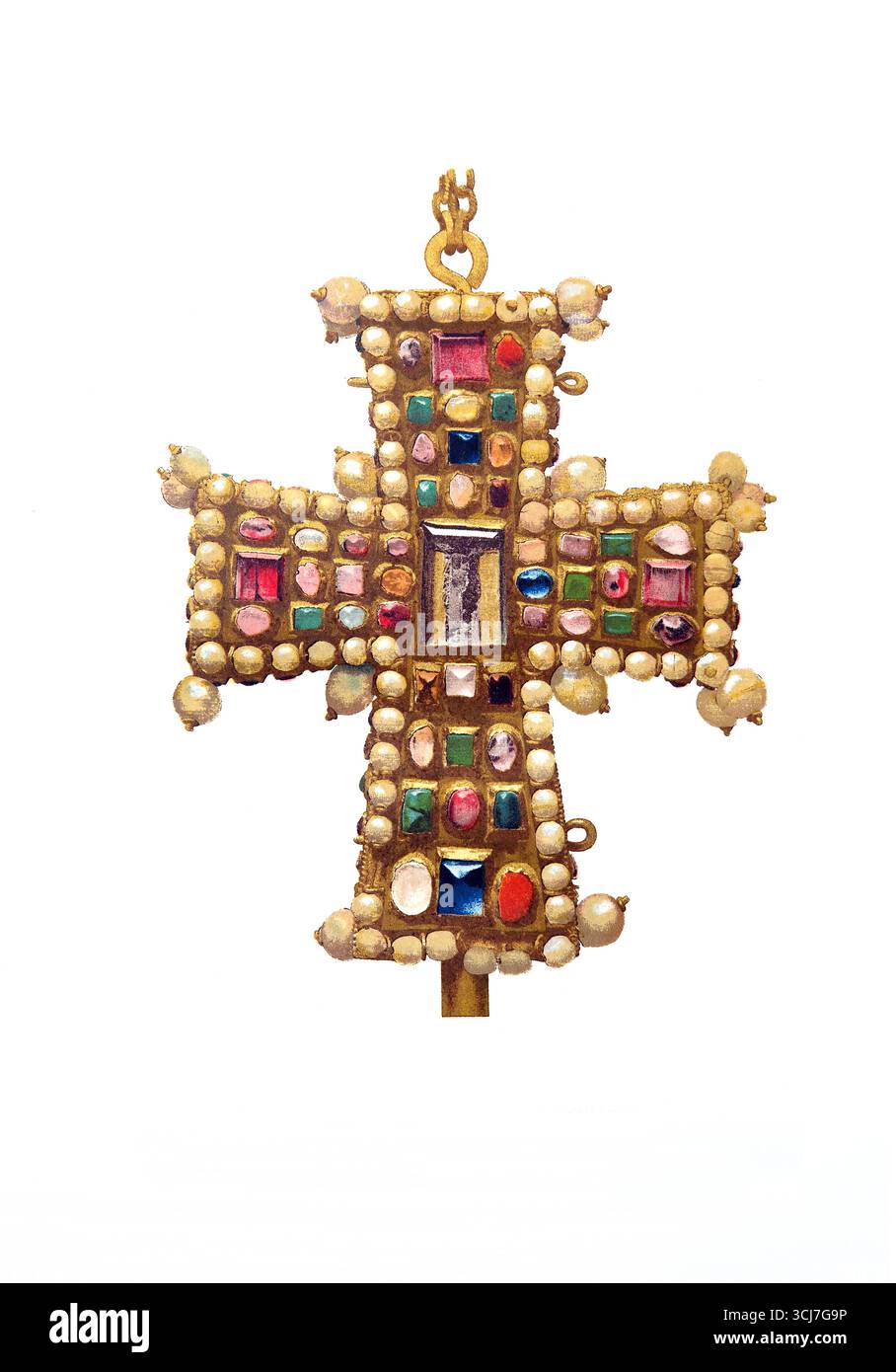 Reliquaire de la vraie Croix bordé de perles et orné de pierres précieuses conservées dans la cathédrale de Tournei (vie siècle) à partir d'une édition de 1902 Banque D'Images