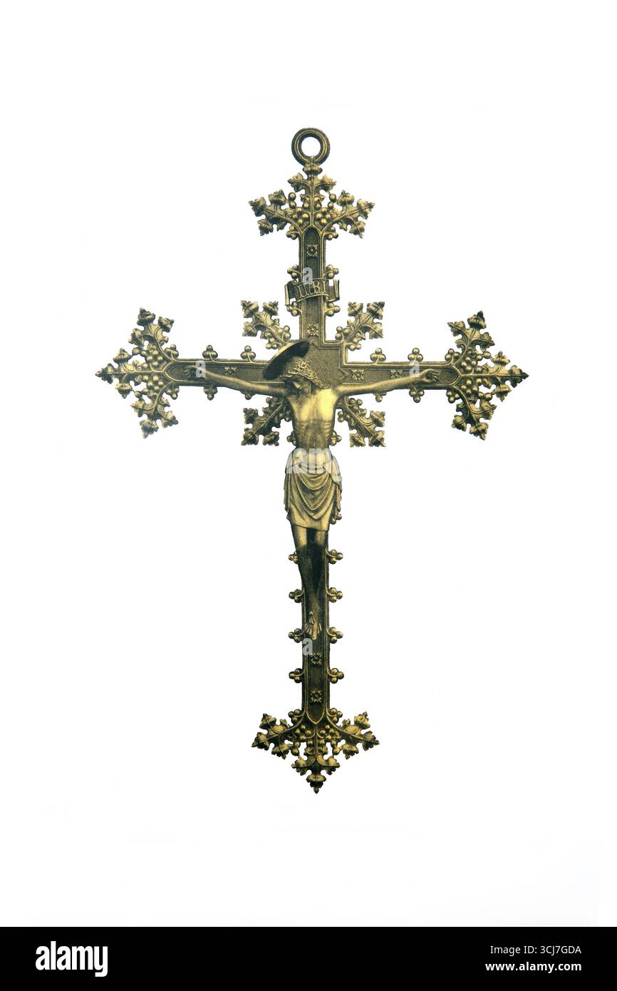 Chromolithographie de crucifix artistique pour salon en cuivre travaillé dernière œuvre du Baron Bethune issue d'une édition 1902 du Crucifix sans l'His Banque D'Images