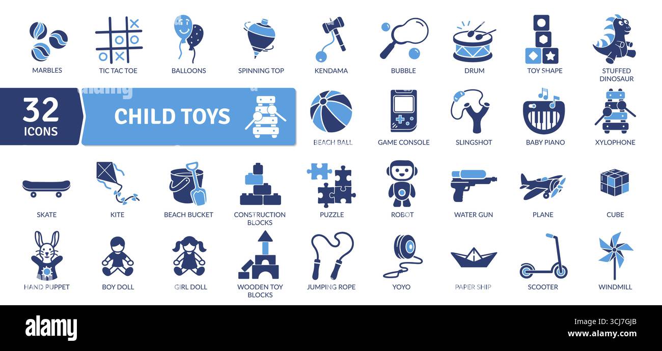 Icônes jouets enfants : temps de jeu et plaisir de l'enfance. Jouets classiques et modernes, y compris les jouets de plein air Illustration de Vecteur