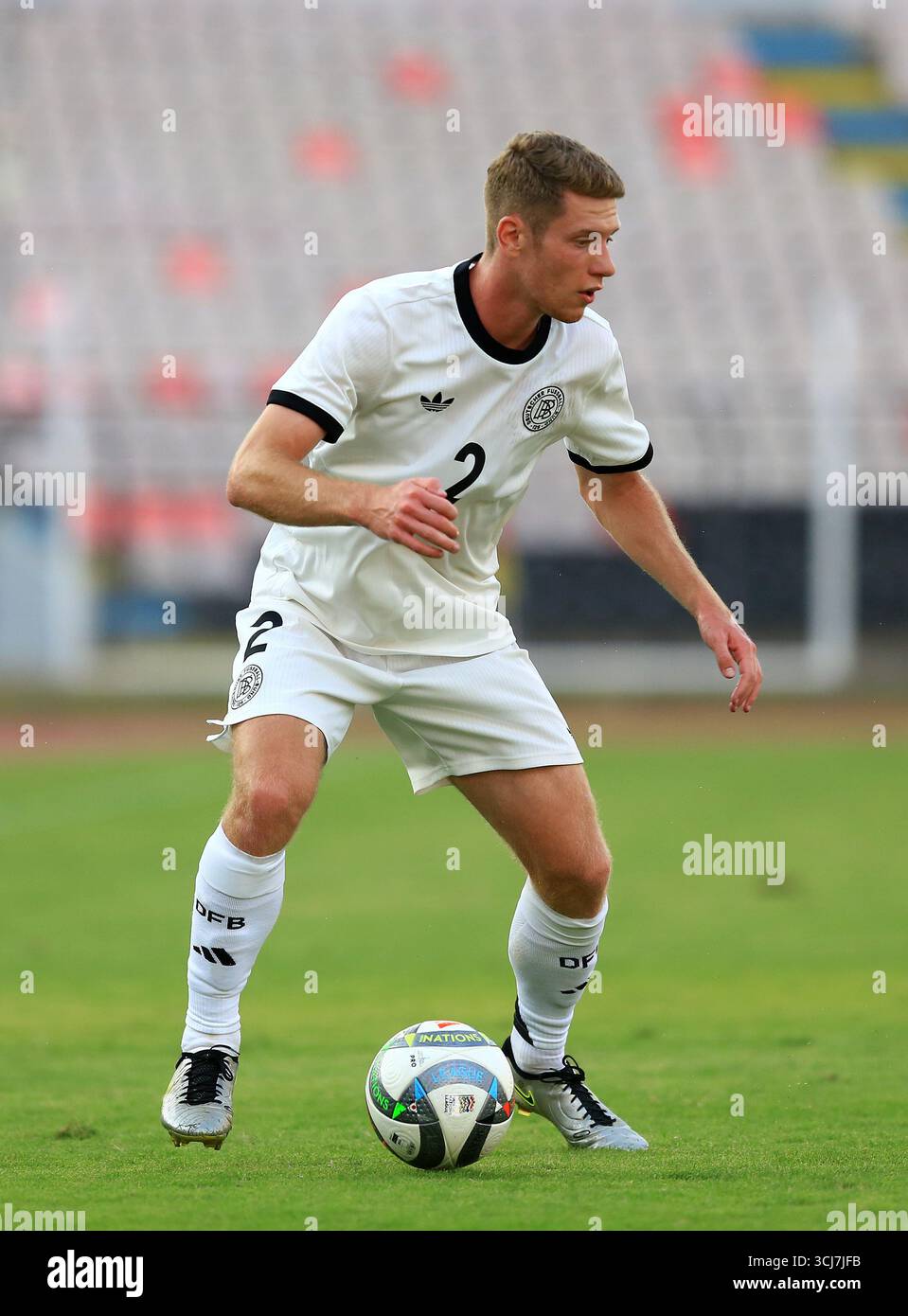 Elbasan, Albanie. 05th Sep, 2025. Football, U21 hommes : matches internationaux, Albanie - Allemagne : Elias Baum contrôle le ballon. Crédit : Nderim Kaceli/dpa/Alamy Live News Banque D'Images