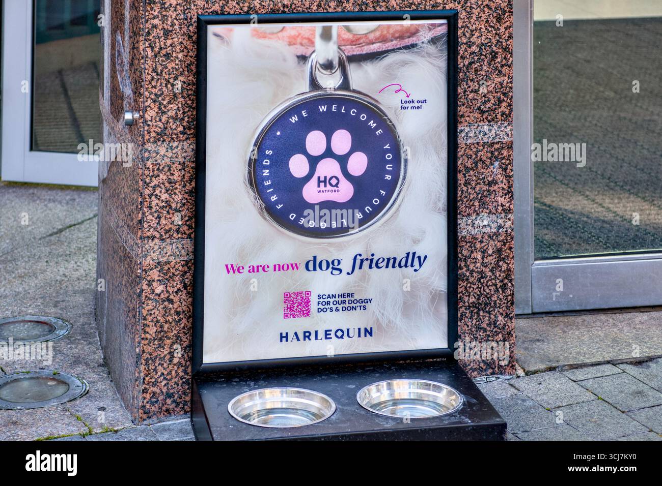 Harlequin Shopping Centre maintenant adapté aux chiens avec bols d'eau, Watford, Hertfordshire, Angleterre, Royaume-Uni Banque D'Images