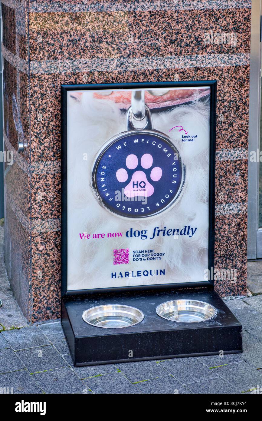 Harlequin Shopping Centre maintenant adapté aux chiens avec bols d'eau, Watford, Hertfordshire, Angleterre, Royaume-Uni Banque D'Images