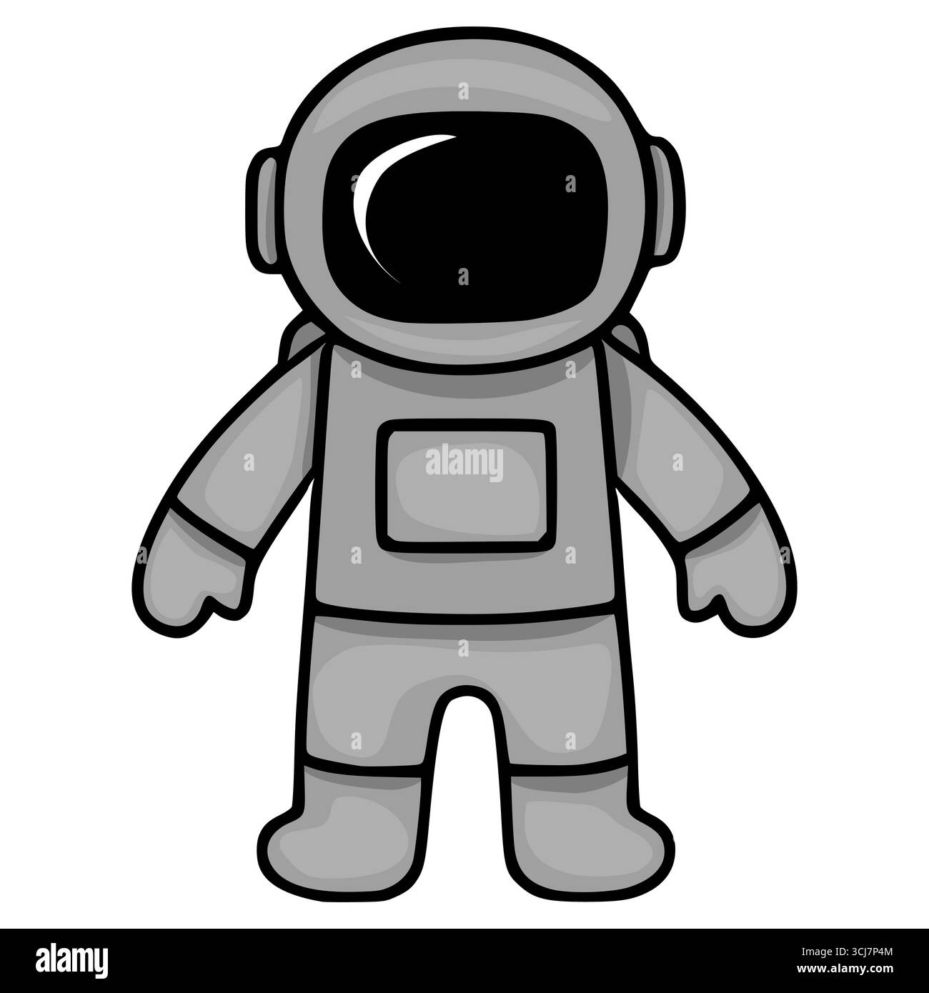 Une charmante illustration vectorielle d'un astronaute de dessin animé dans une combinaison spatiale à niveaux de gris, debout avec un design simpliste, parfait pour les livres pour enfants Illustration de Vecteur