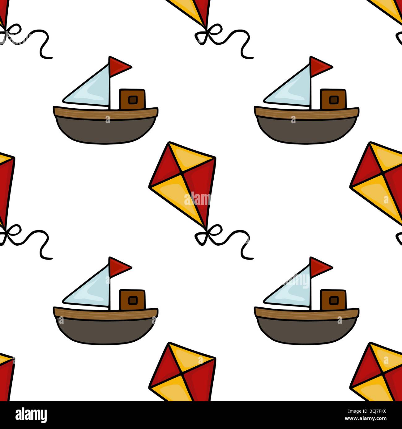 Motif vectoriel sans couture avec de charmantes illustrations dessinées à la main de bateaux et de cerfs-volants simples, créant un design ludique et fantaisiste sur le thème nautique Illustration de Vecteur