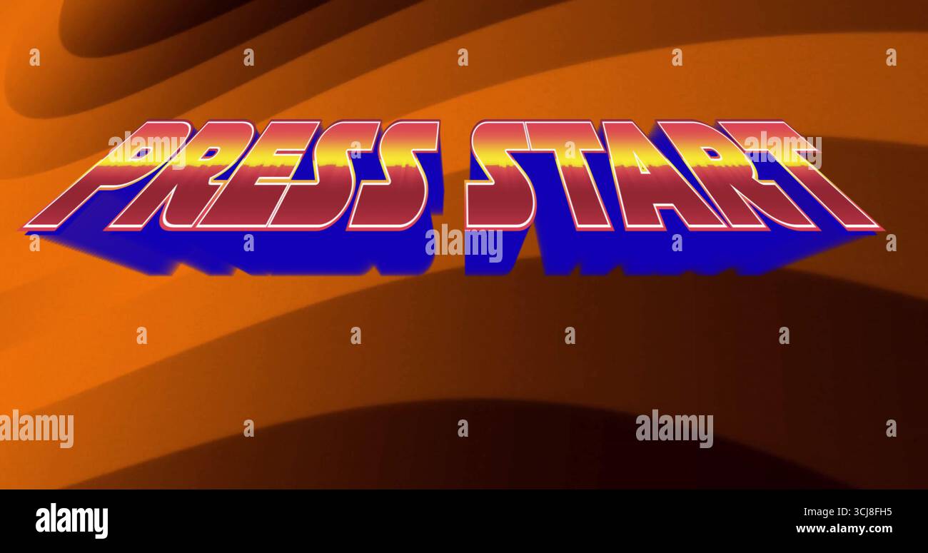 Lecture de texte 3D stylisé flottant APPUYEZ SUR DÉMARRER sur fond orange abstrait, avec coloration dégradé Banque D'Images