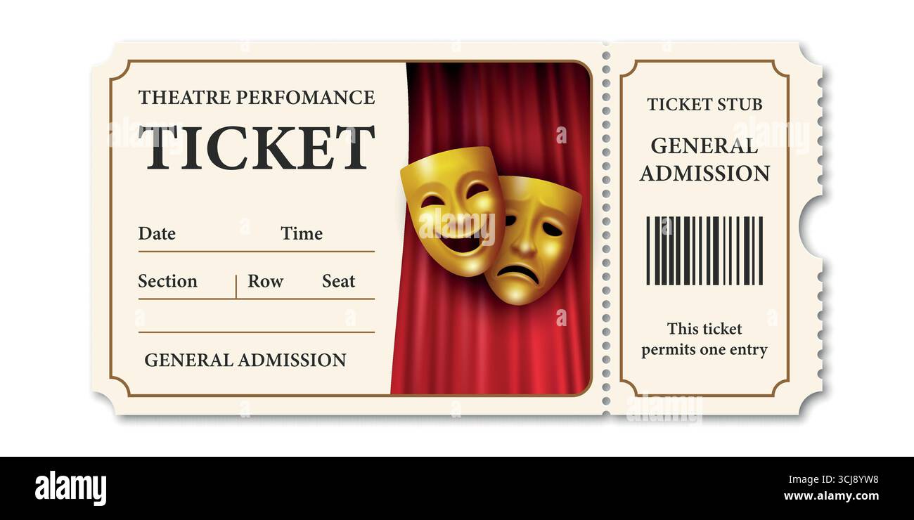 Modèle de ticket de théâtre vectoriel avec masques de comédie et de tragédie. Billet d'admission vintage. Billet d'entrée pour spectacle de théâtre, concert Illustration de Vecteur