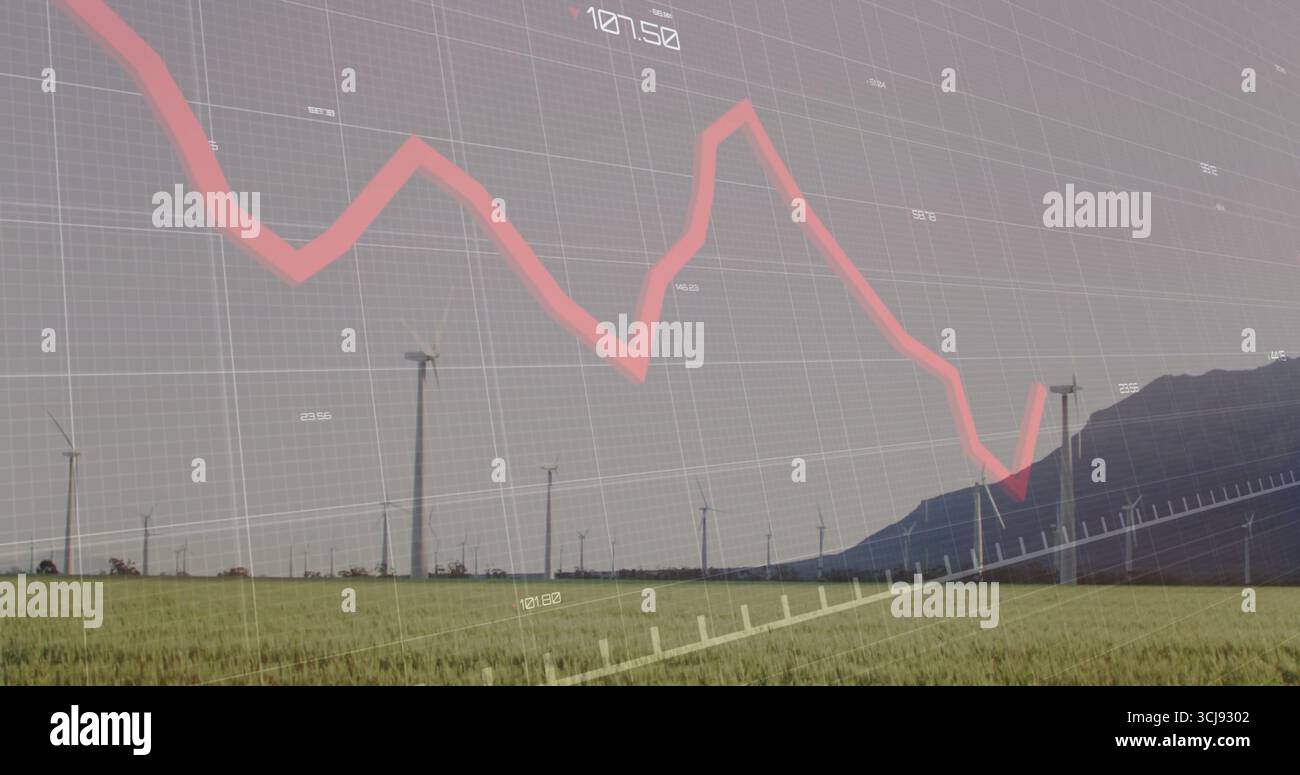 Affichage d'une seule éolienne montrant la baisse économique sur plaine herbeuse, avec une ligne de tendance rouge Banque D'Images