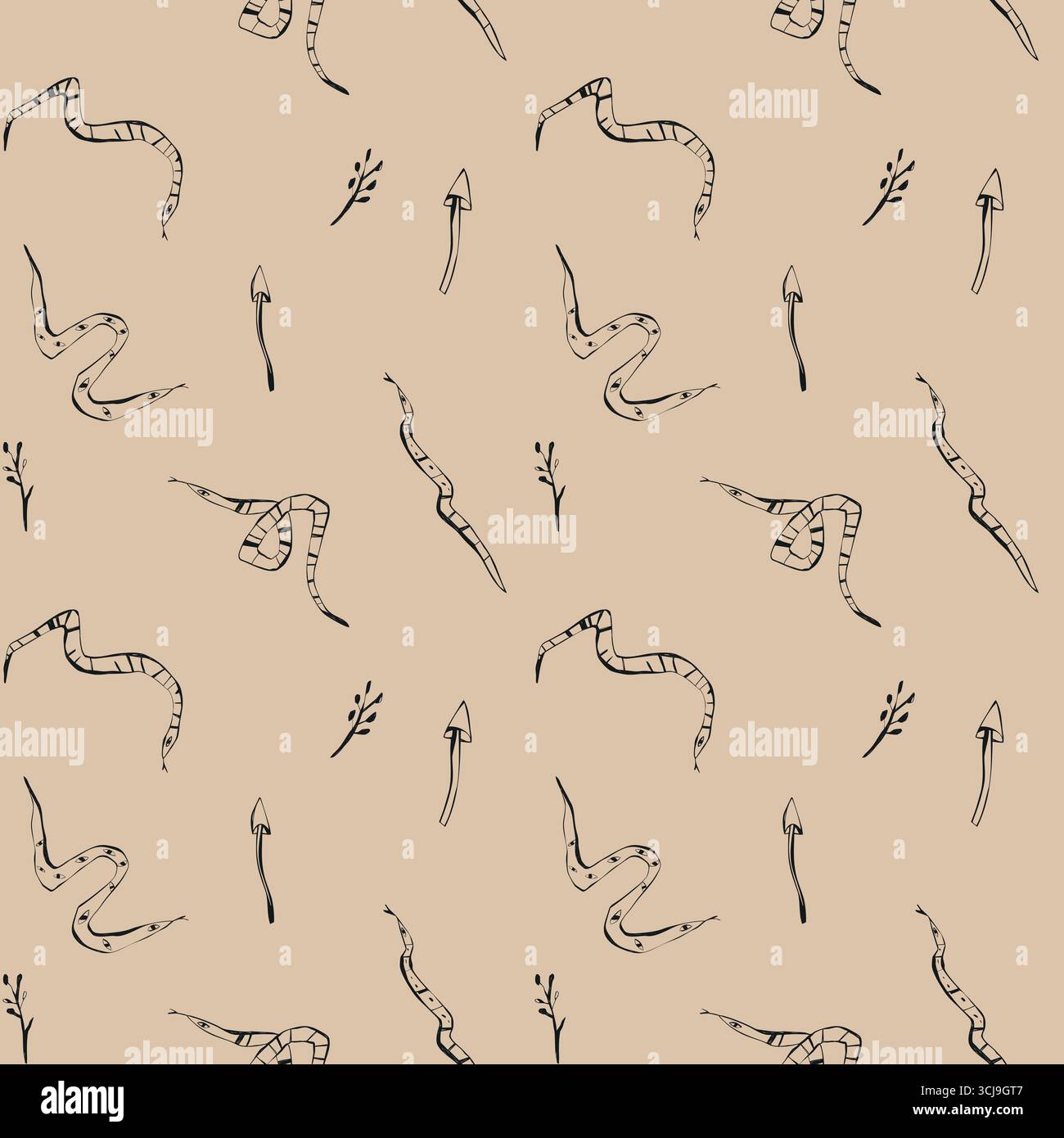 Motif dessiné à la main avec des champignons serpents et des brindilles design sans couture pour papier peint textile en tissu et papeterie. Illustration de Vecteur