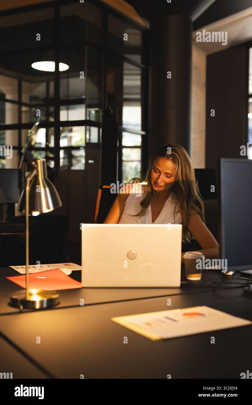 Femme portant chemisier sans manches travaillant sur ordinateur portable au bureau dans un bureau moderne avec lampe, espace de copie Banque D'Images Femme portant chemisier sans manches travaillant sur ordinateur portable au bureau dans un bureau moderne avec lampe, espace de copie Banque D'Images
