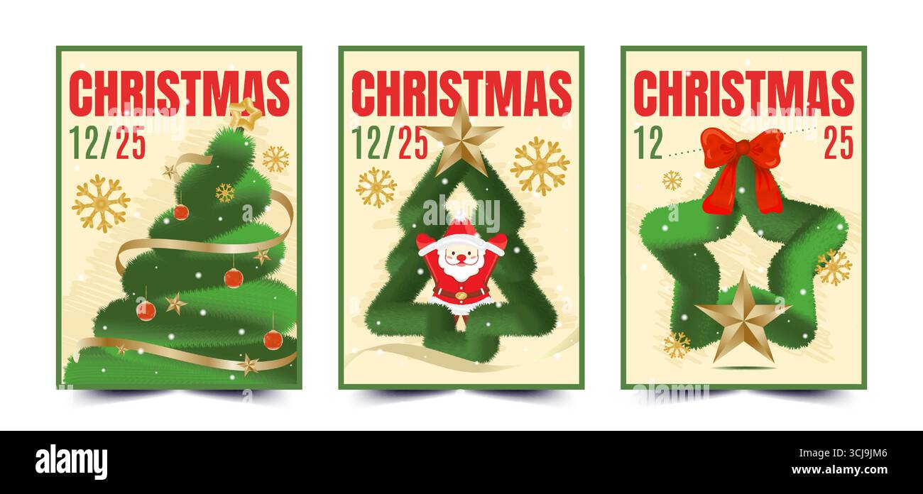 Ensemble d'affiches de Noël joyeuses représentant des arbres et une étoile en peluche. Pour des salutations saisonnières confortables, des imprimés festifs, un projet de vacances pour enfants Illustration de Vecteur