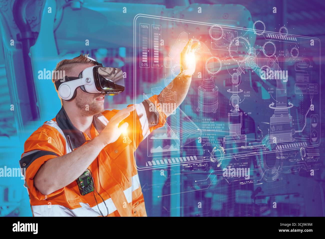 Ingénieur masculin utilisant le dispositif de casque de lunettes de réalité virtuelle VR pour contrôler le bras de robot d'opération dans l'industrie de la technologie moderne Banque D'Images