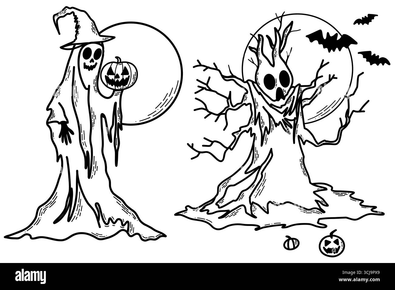 Sorcière d'Halloween et arbre hanté avec citrouilles dans la scène de nuit Spooky Illustration de Vecteur