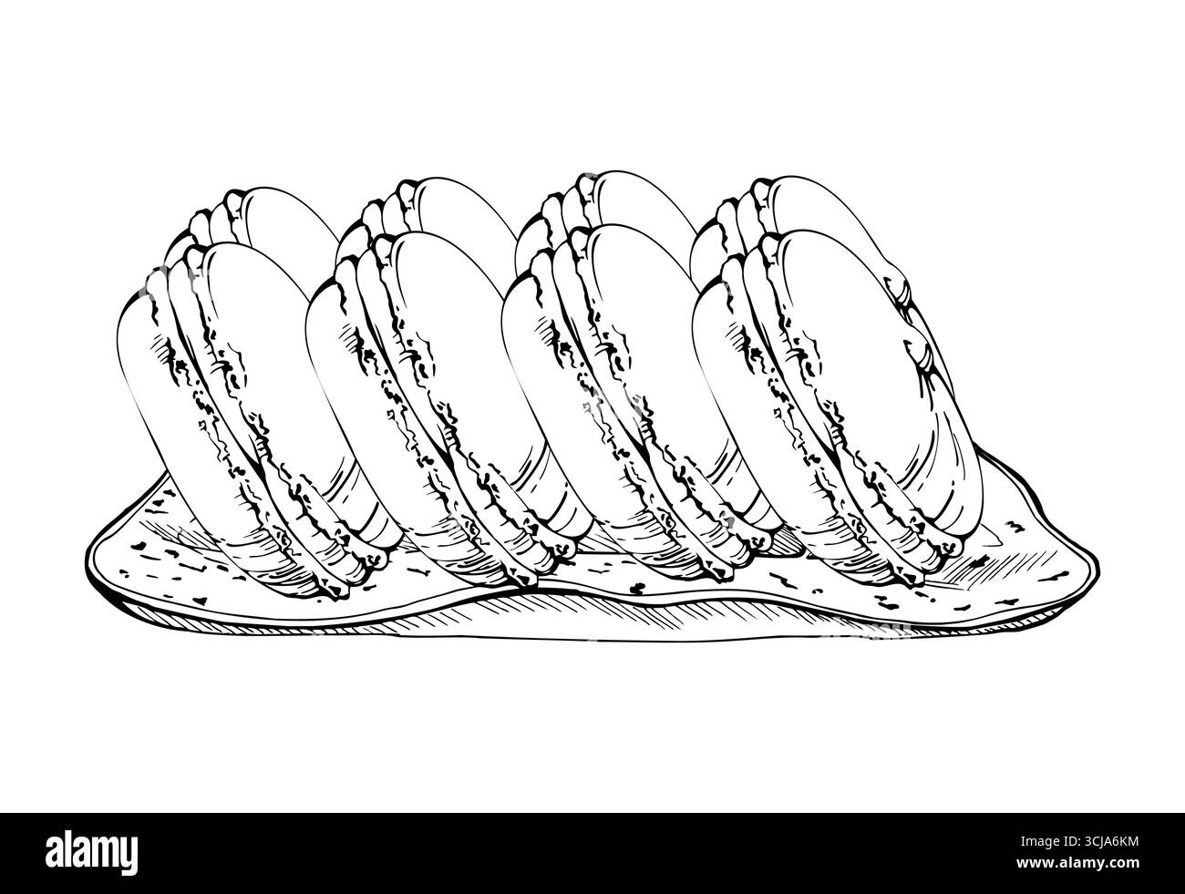 Whoopie Moon Pies, macarons français avec mousse centres sur plaque de céramique cuite au raku. Illustration d'encre vectorielle isolée dessinée à la main. Logo de boulangerie art Illustration de Vecteur
