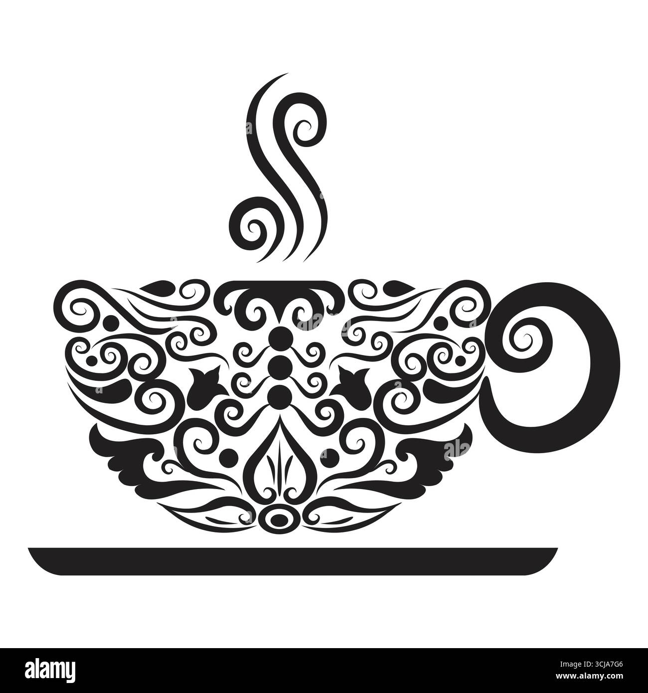 café dans la tasse avec décoration d'ornement floral pour logo ou tatouage Illustration de Vecteur