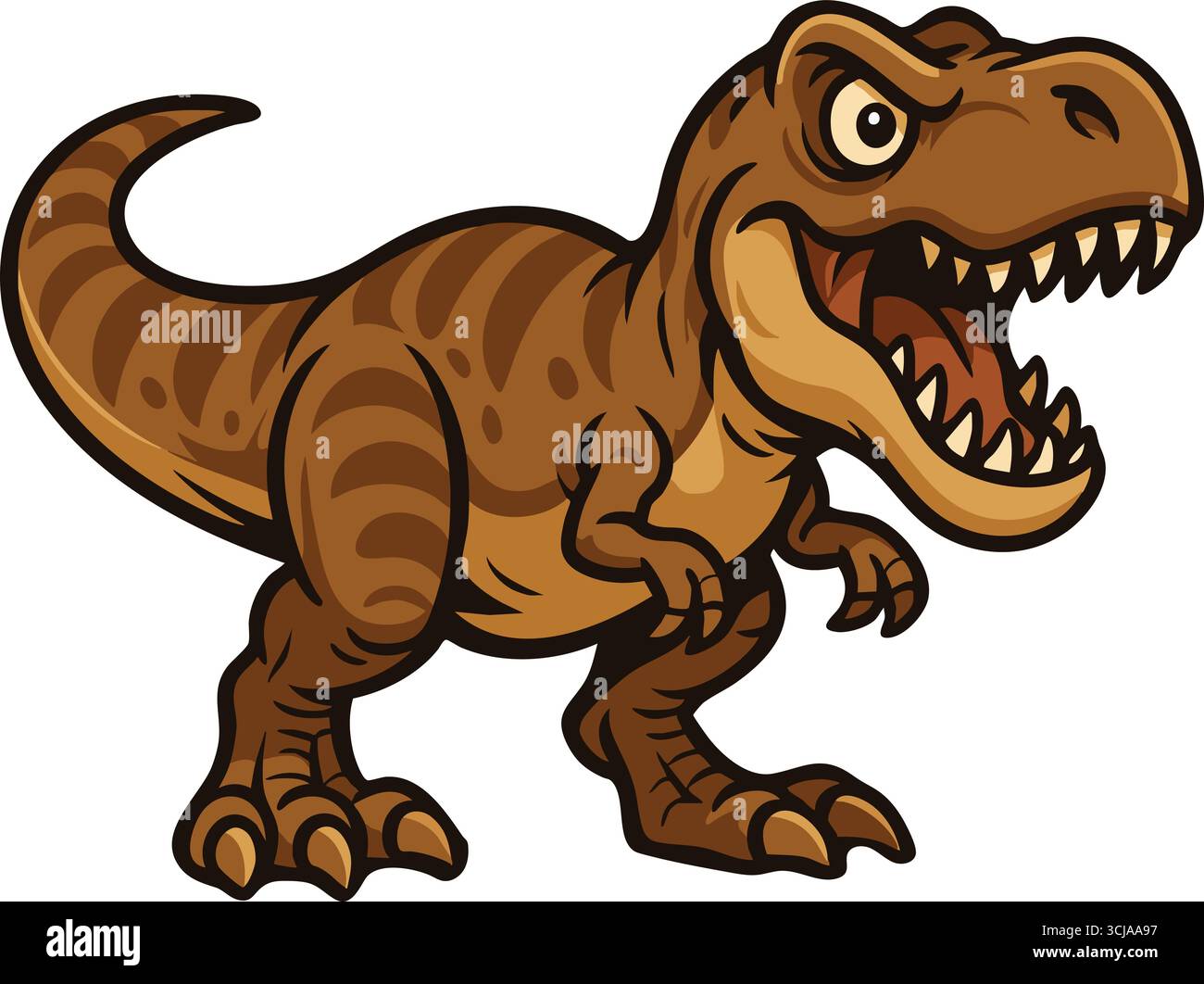 Un tyrannosaurus brun dynamique se tient avec la bouche grande ouverte montrant de grandes dents, des bras courts et une queue large dans un style de dessin animé ludique. Illustration de Vecteur