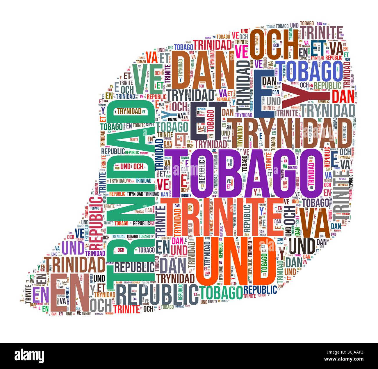 Trinité-et-Tobago nuage de mots en forme de pays. Illustration de pays de style typographique. Trinité-et-Tobago image dans le style nuage de texte. Illustration de Vecteur