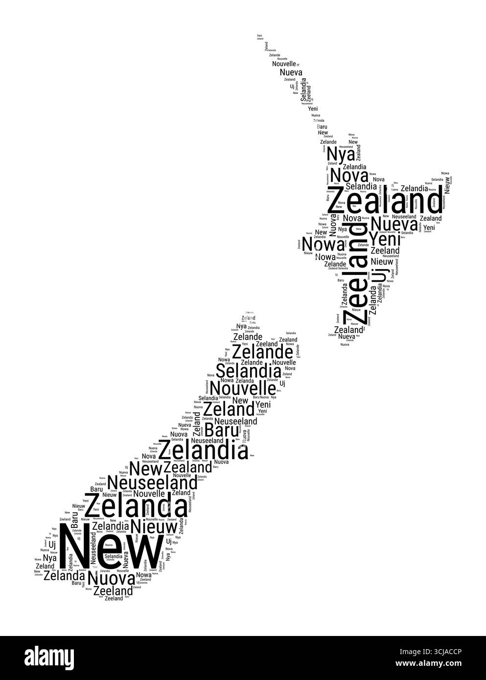 Nuage de mots noir et blanc en forme de Nouvelle-Zélande. Illustration de pays de style typographique simple. Nuage de texte noir de Nouvelle-Zélande simple sur fond blanc. Illustration de Vecteur
