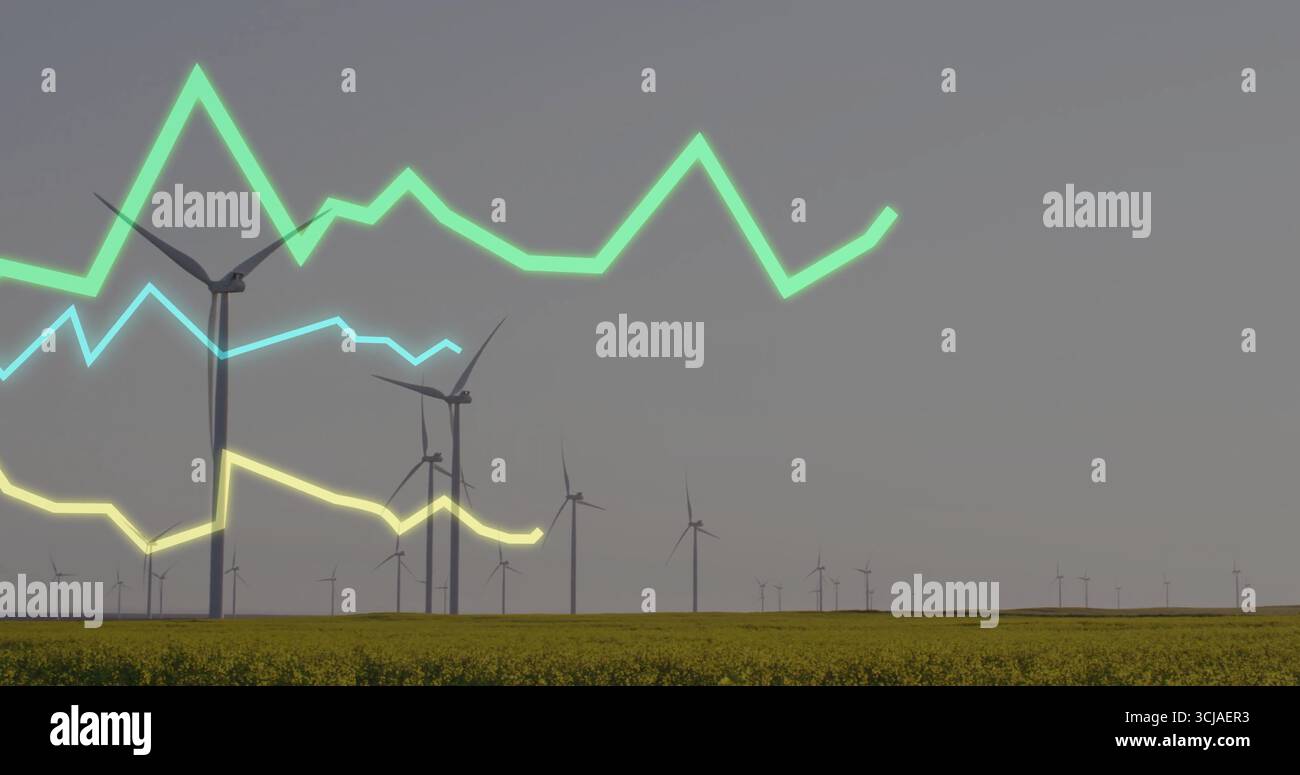 Montrant des éoliennes en rotation dans un champ de floraison jaune, avec des graphiques de ligne vert jaune bleu néon Banque D'Images