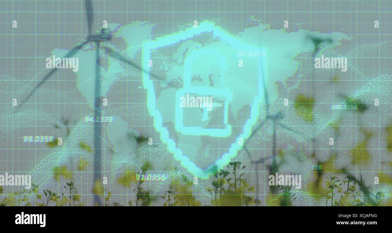 Affichage de l'icône de bouclier lumineux superposée aux éoliennes dans le champ, avec la carte, la grille et les points de données Banque D'Images