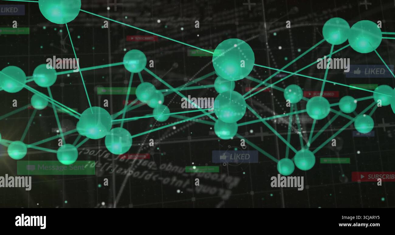 Graphique de réseau flottant reliant des sphères vertes brillantes dans une grille numérique, avec des éléments d'interface utilisateur Banque D'Images