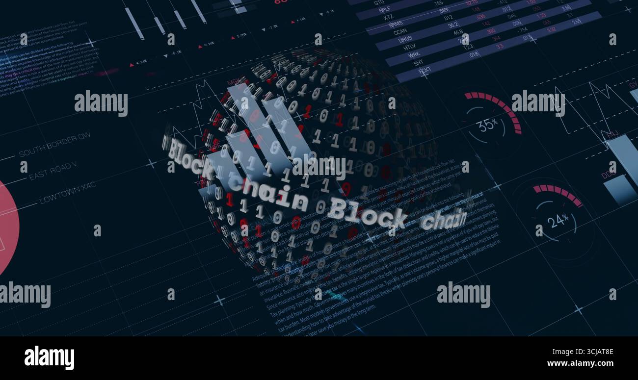 Affichage de la sphère numérique binaire 3D flottant sur le tableau de bord blockchain, avec des graphiques et des tableaux Banque D'Images