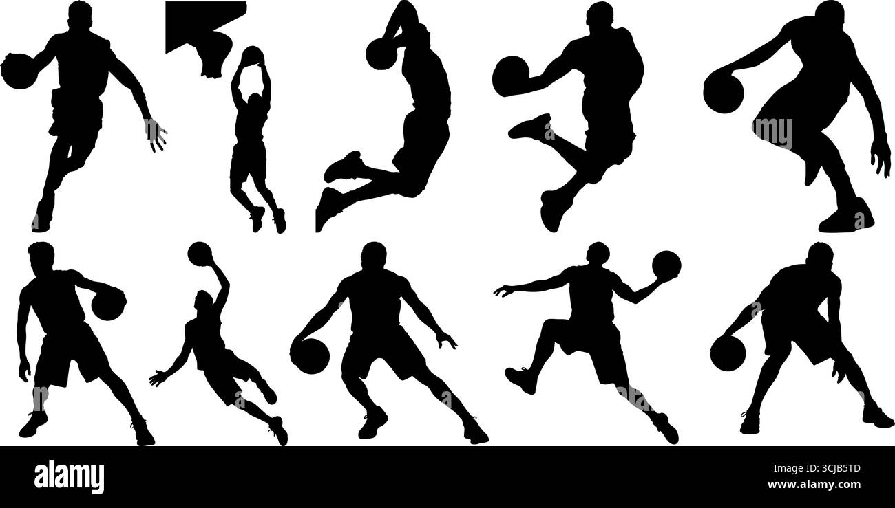 Ensemble de silhouettes de joueurs de basket-ball noirs dynamiques mettant en vedette des dribbles, des dunking et des mouvements de saut. Parfait pour le sport, l'image de marque athlétique, les affiches. Illustration de Vecteur