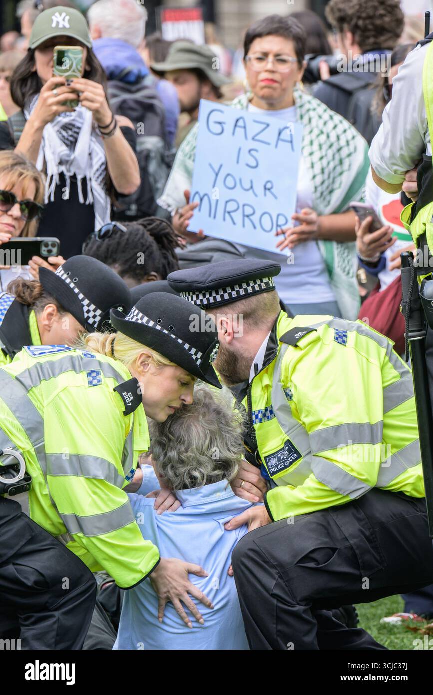 Londres, Royaume-Uni. 6 septembre 2025. La police arrête et emmène des manifestants qui prennent part à un rassemblement pro-palestinien, pour avoir manifesté leur soutien au groupe interdit Palestine action, sur la place du Parlement, Westminster. Banque D'Images