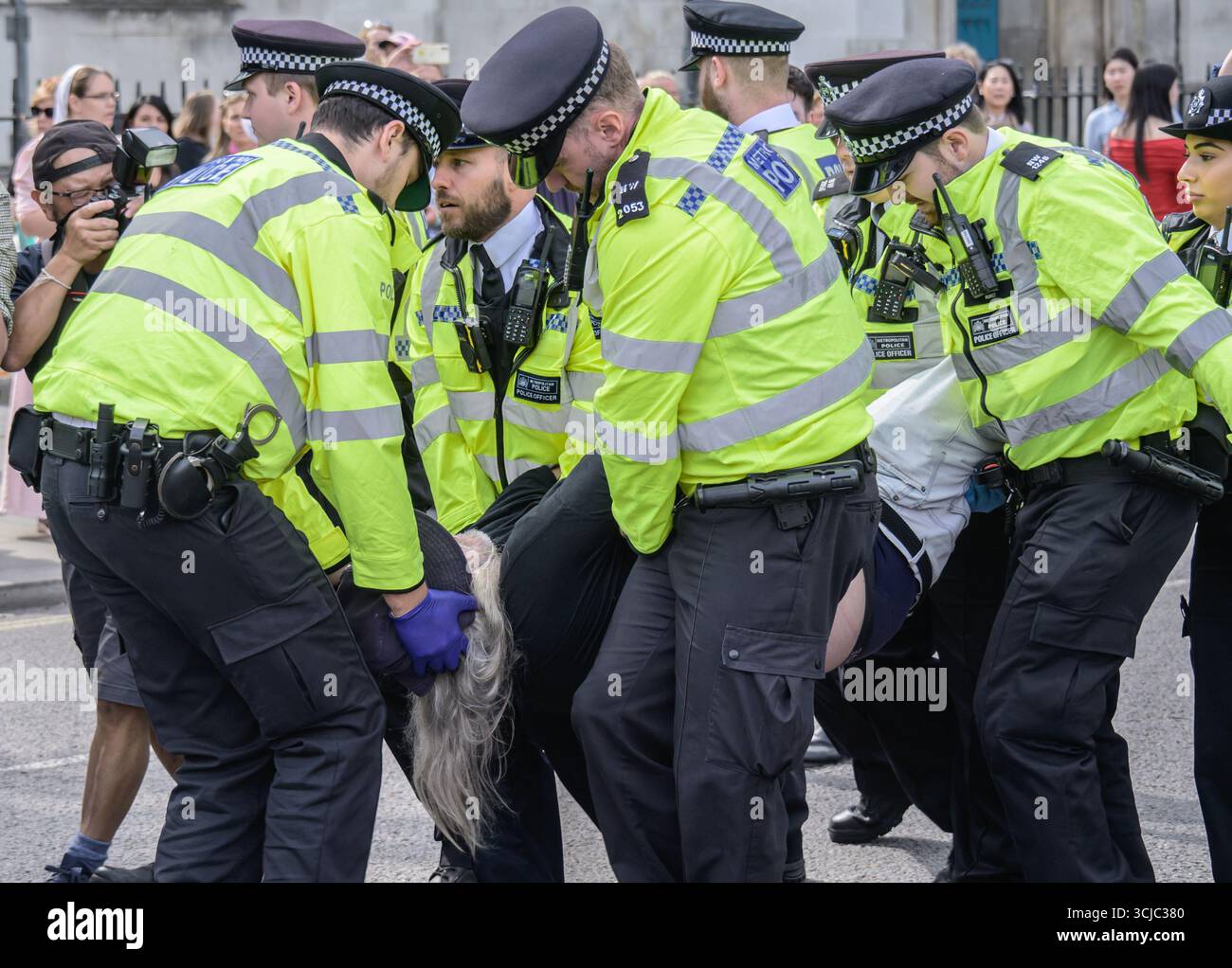Londres, Royaume-Uni. 6 septembre 2025. La police arrête et emmène des manifestants qui prennent part à un rassemblement pro-palestinien, pour avoir manifesté leur soutien au groupe interdit Palestine action, sur la place du Parlement, Westminster. Banque D'Images