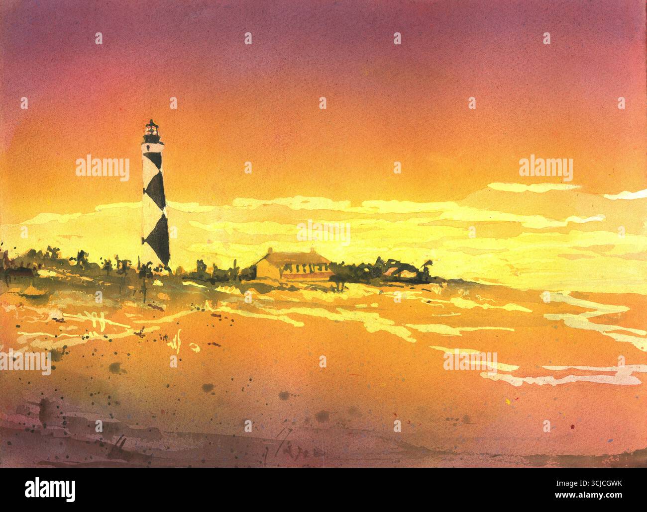 Cape Lookout Lighthouse peinture aquarelle colorée article fait main décor côtier maison de plage art Outer Banks NC Banque D'Images