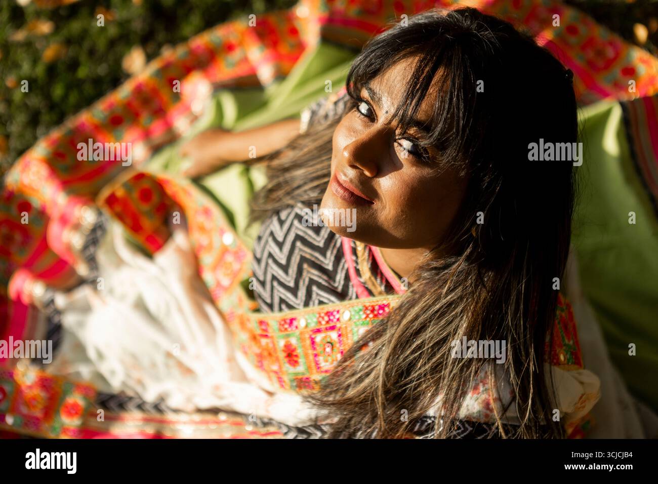 Femme indienne dans des baskets sari traditionnelles vibrantes à la lumière du soleil naturelle, entourée de textiles colorés. Son expression sereine incarne la richesse culturelle Banque D'Images
