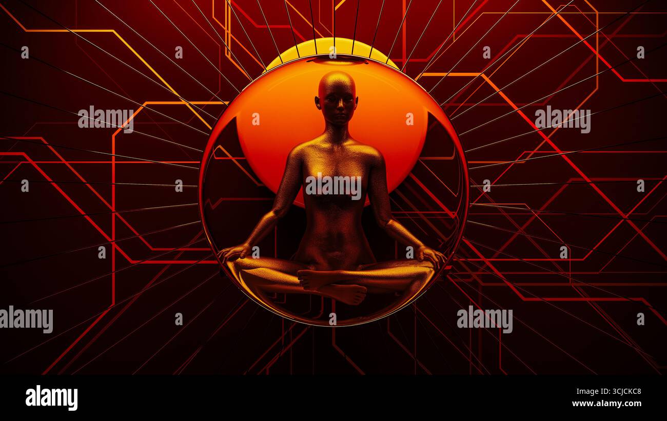 Un personnage est assis dans la pose de méditation entouré de lignes brillantes et d'un soleil vibrant. L'atmosphère rayonne de paix et d'énergie dynamique. Banque D'Images