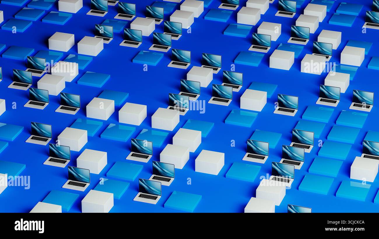 Un espace de travail dynamique avec de nombreux ordinateurs portables et serveurs disposés systématiquement sur une surface bleue pour mettre en valeur l'innovation technologique des données. Banque D'Images