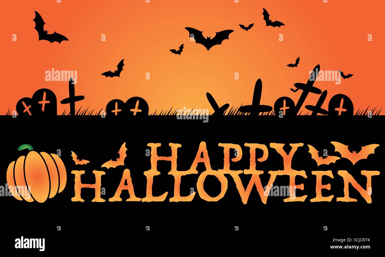 Happy Halloween bannière, décoration de fond saisonnière avec des chauves-souris, des citrouilles et une silhouette de cimetière Illustration de Vecteur