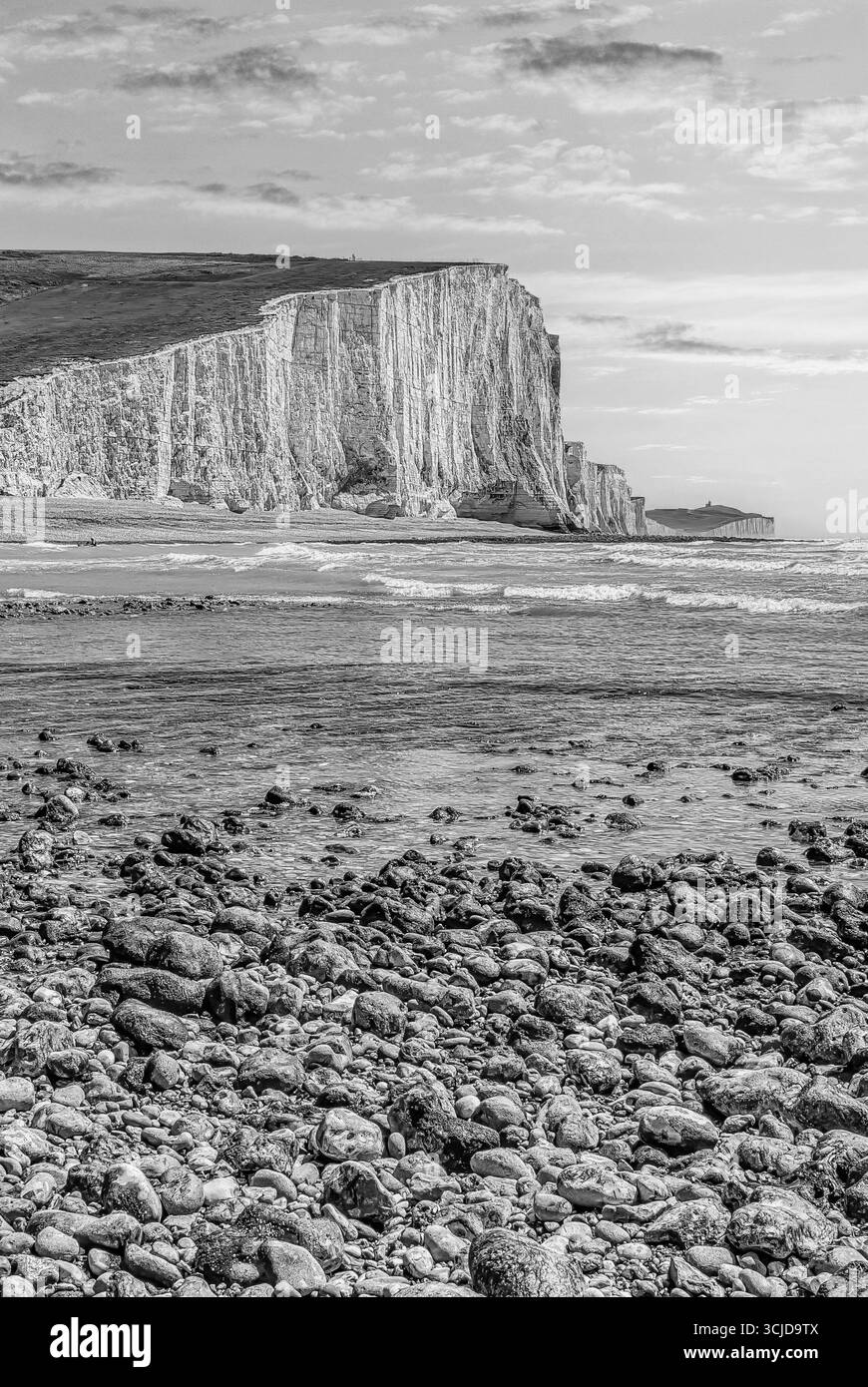 Formation de Seven Sister Cliff près d'Eastbourne, East Sussex, South England en noir et blanc Banque D'Images