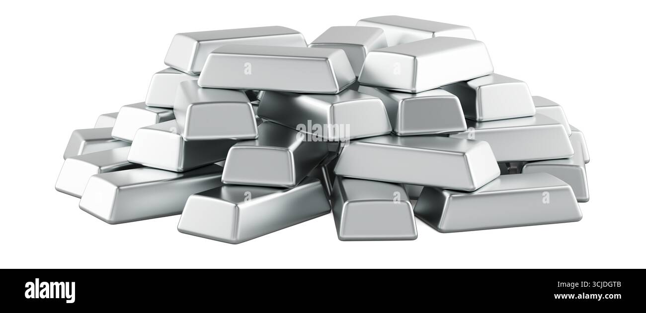 Pile de lingots d'argent. Rendu 3D isolé sur fond blanc Banque D'Images
