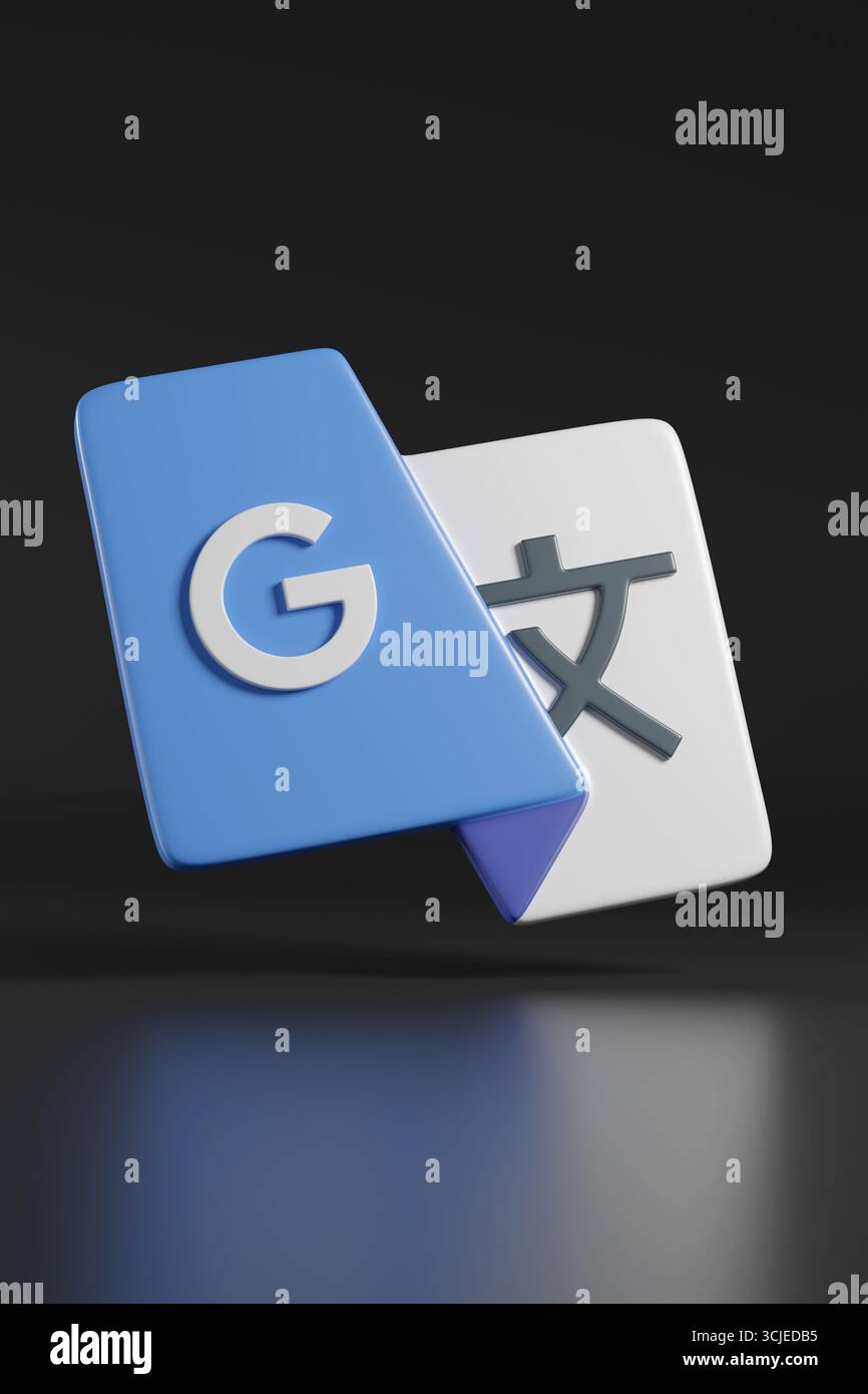Buenos Aires, Argentine ; 6 septembre 2025 : logo Google Translate en trois dimensions sur fond sombre. illustration 3d. Banque D'Images