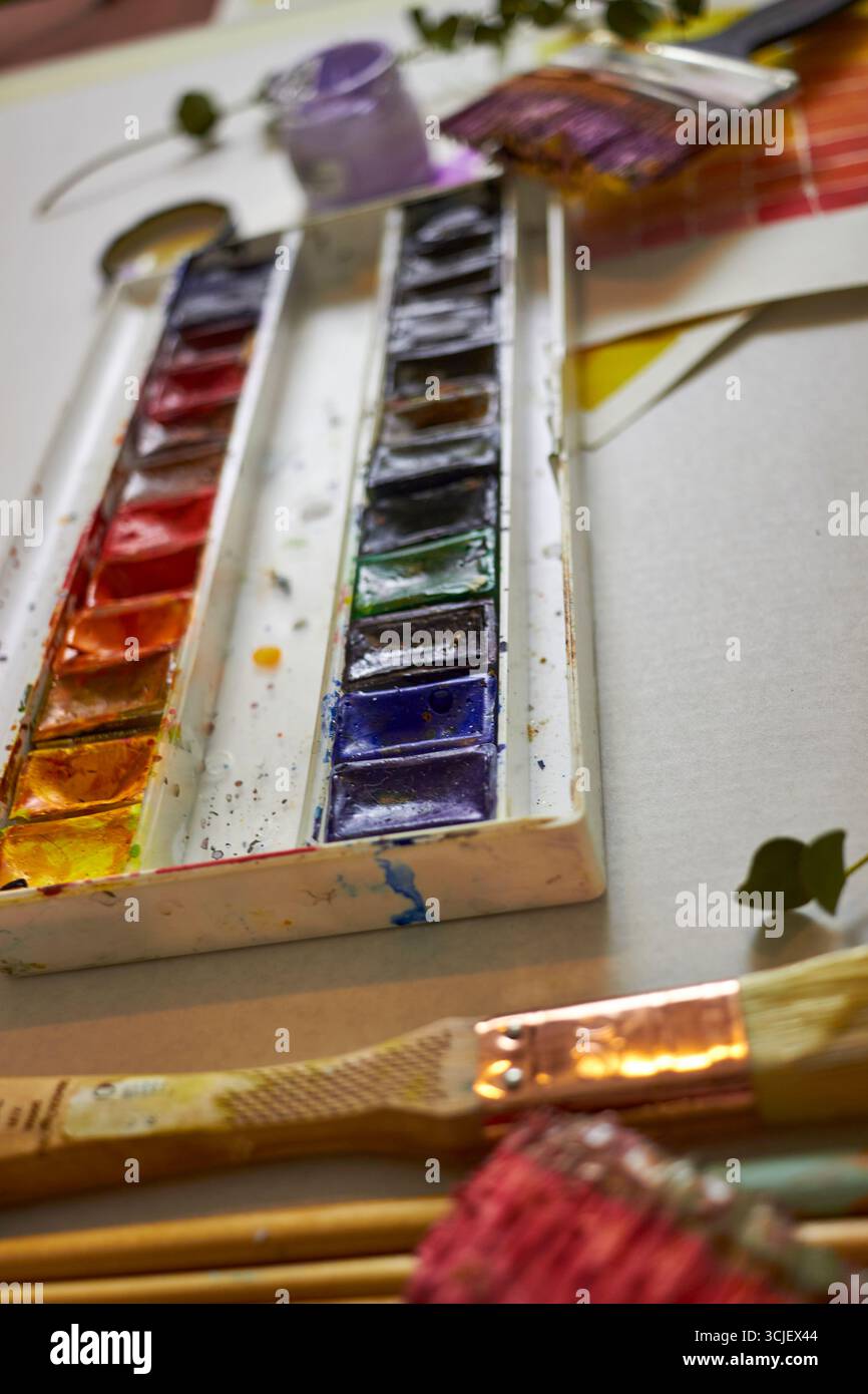 Gros plan de peintures aquarelles vibrantes avec des pinceaux et une palette, mettant en valeur la créativité artistique et la variété de couleurs. Parfait pour les thèmes de l'art, du design, Banque D'Images