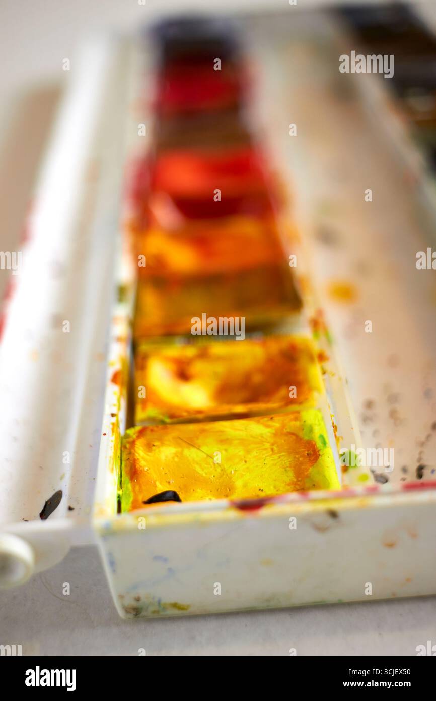 Gros plan de peintures aquarelles vibrantes avec des pinceaux et une palette, mettant en valeur la créativité artistique et la variété de couleurs. Parfait pour les thèmes de l'art, du design, Banque D'Images