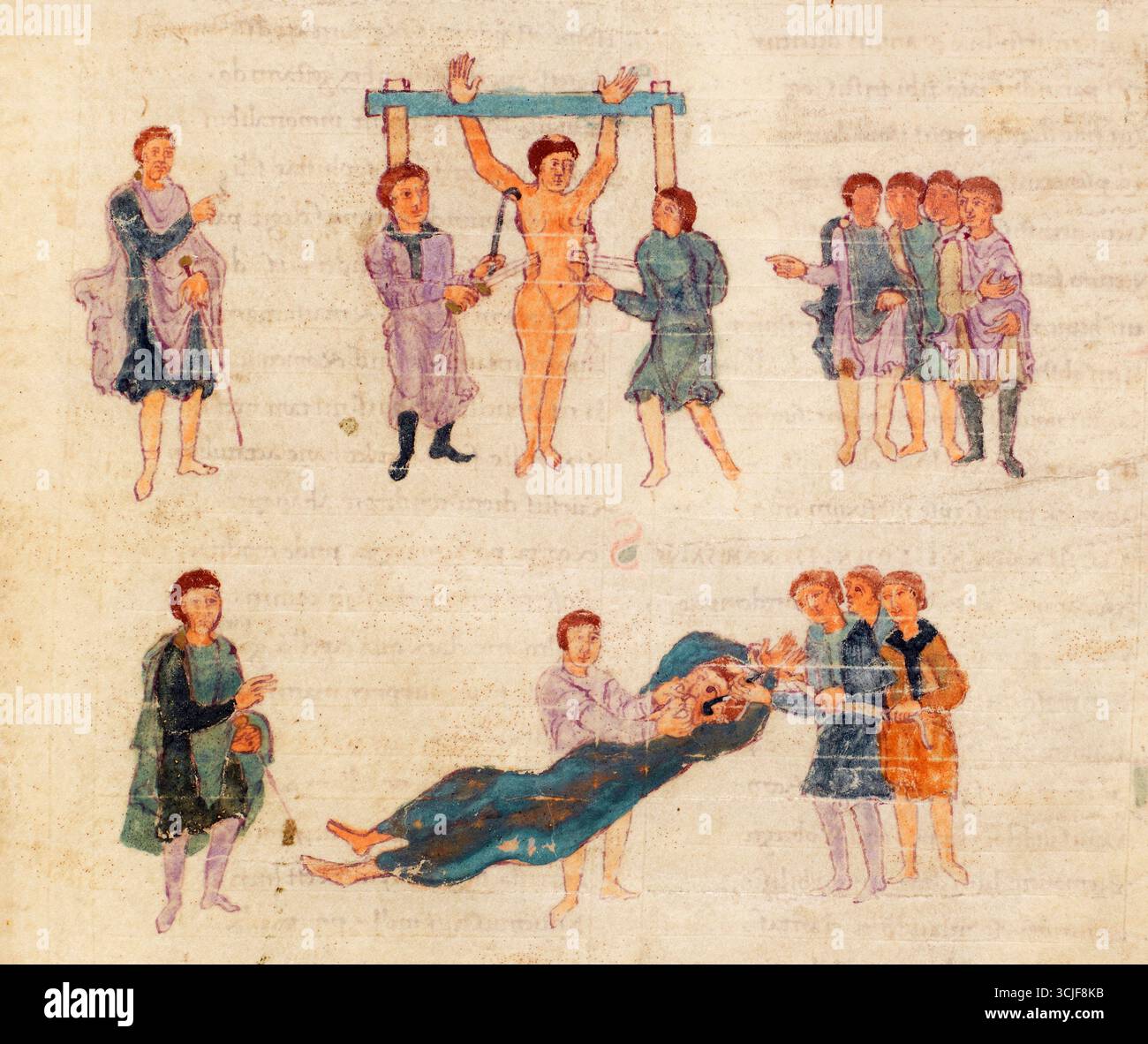 Torture de criminels et/ou d'hérétiques, isolé du manuscrit richement illustré de Prudentius, créé vers 900 dans la région du lac de Constance, et compté parmi les exemples remarquables du livre carolingien Banque D'Images