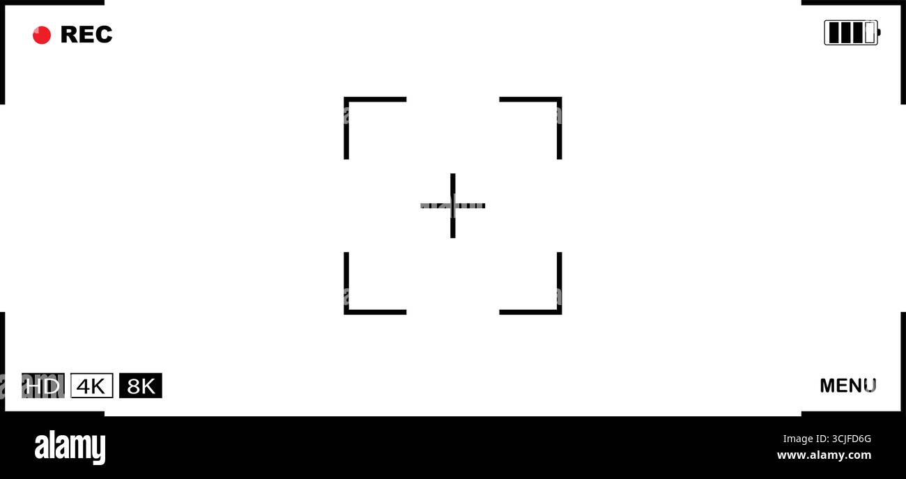 Superposition du viseur d'enregistrement de l'appareil photo avec un fond blanc net, montrant un réticule, des crochets de mise au point, un indicateur de batterie et des informations d'enregistrement Illustration de Vecteur