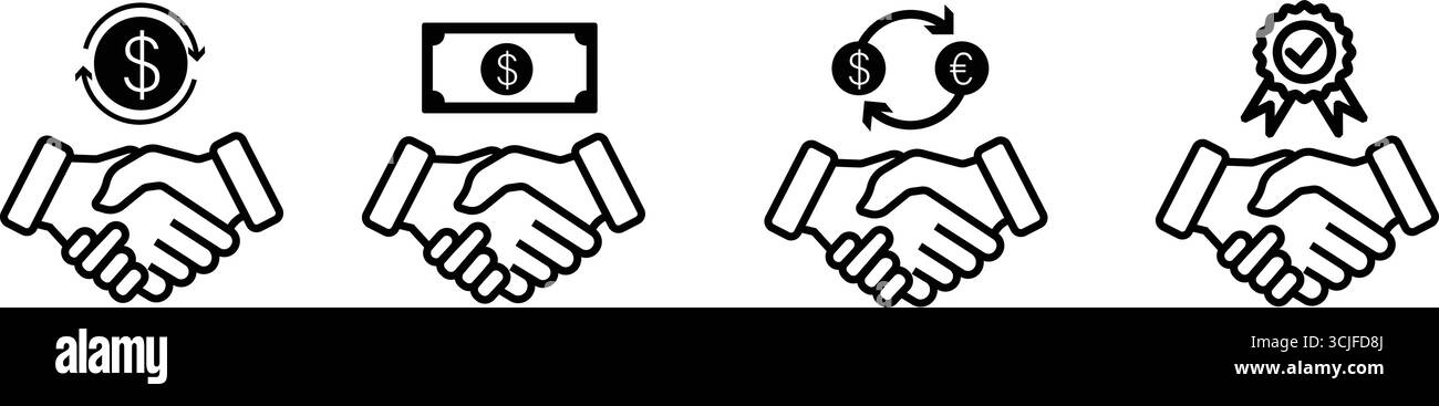 Icônes de poignée de main d'affaires, représentant la finance, l'échange, l'accord, l'affaire, et qualité Illustration de Vecteur
