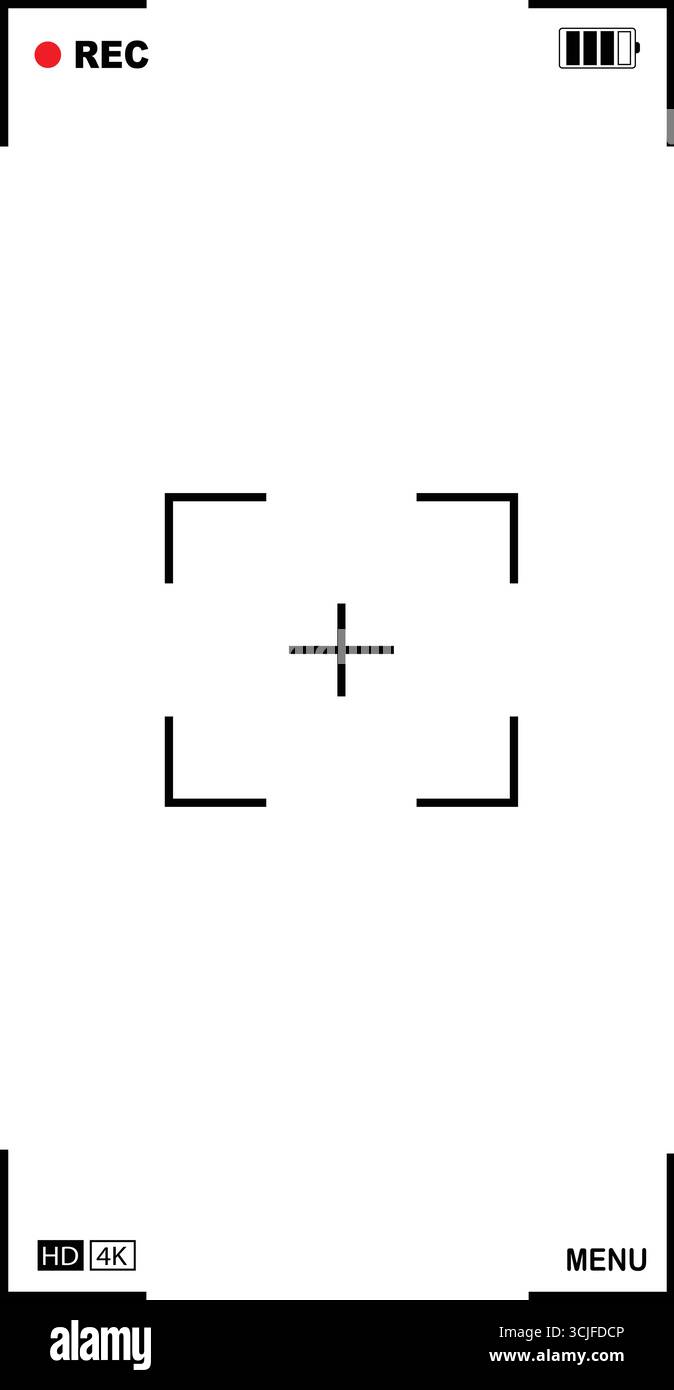 Superposition verticale du viseur d'enregistrement de la caméra avec un arrière-plan blanc net, montrant un réticule, des crochets de mise au point, un indicateur de batterie et des informations d'enregistrement Illustration de Vecteur