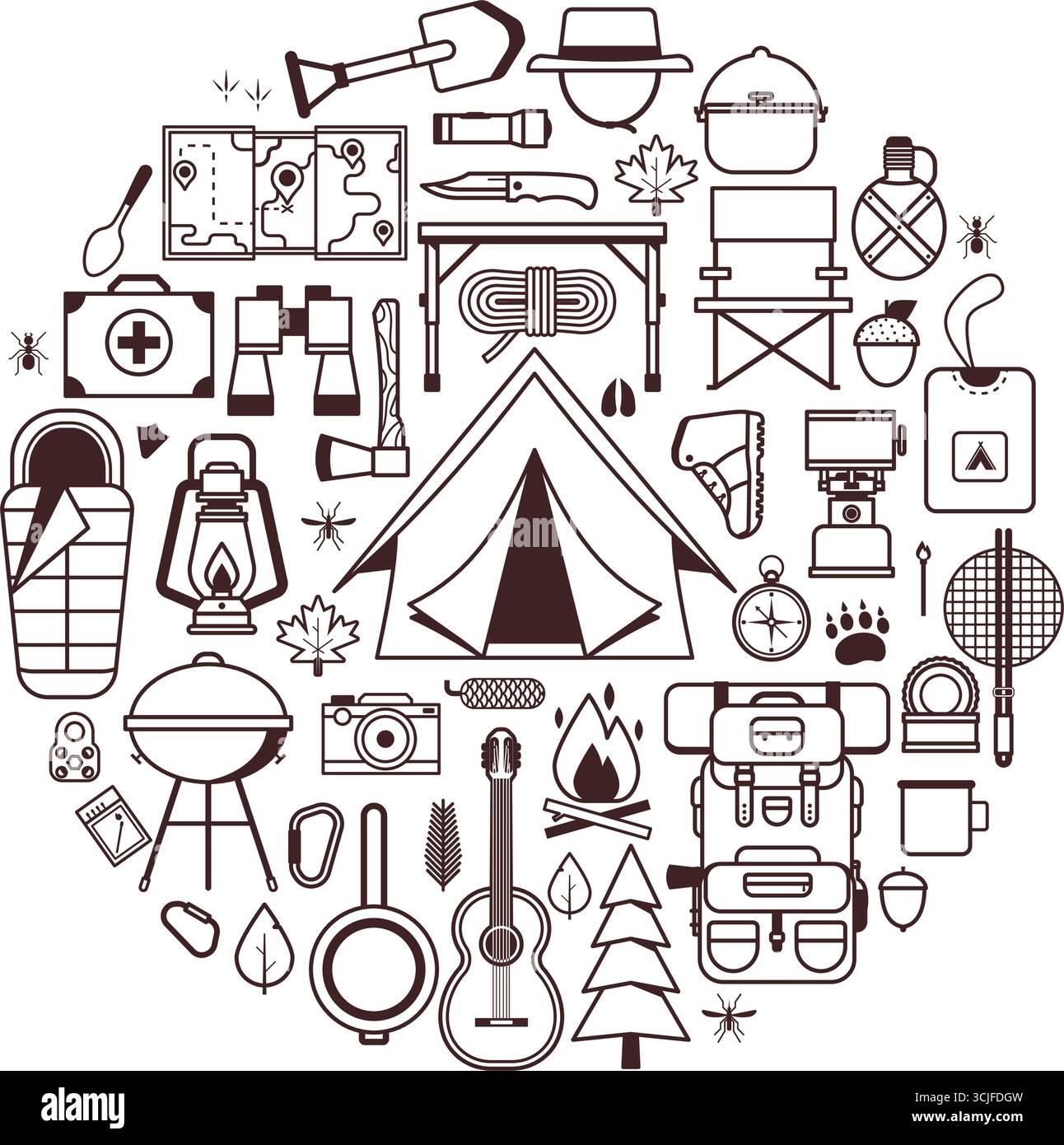 Camping Circle Shape Print avec des éléments de randonnée Illustration de Vecteur