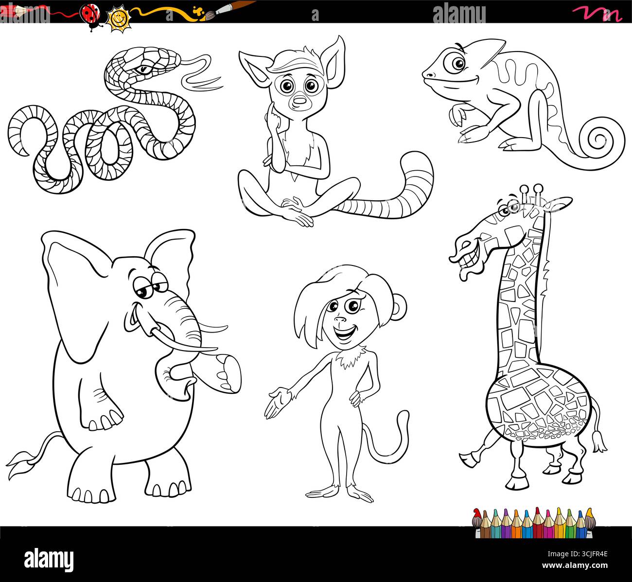 Illustration de dessin animé de drôles d'animaux comiques collection de personnages de collection de coloriage Illustration de Vecteur