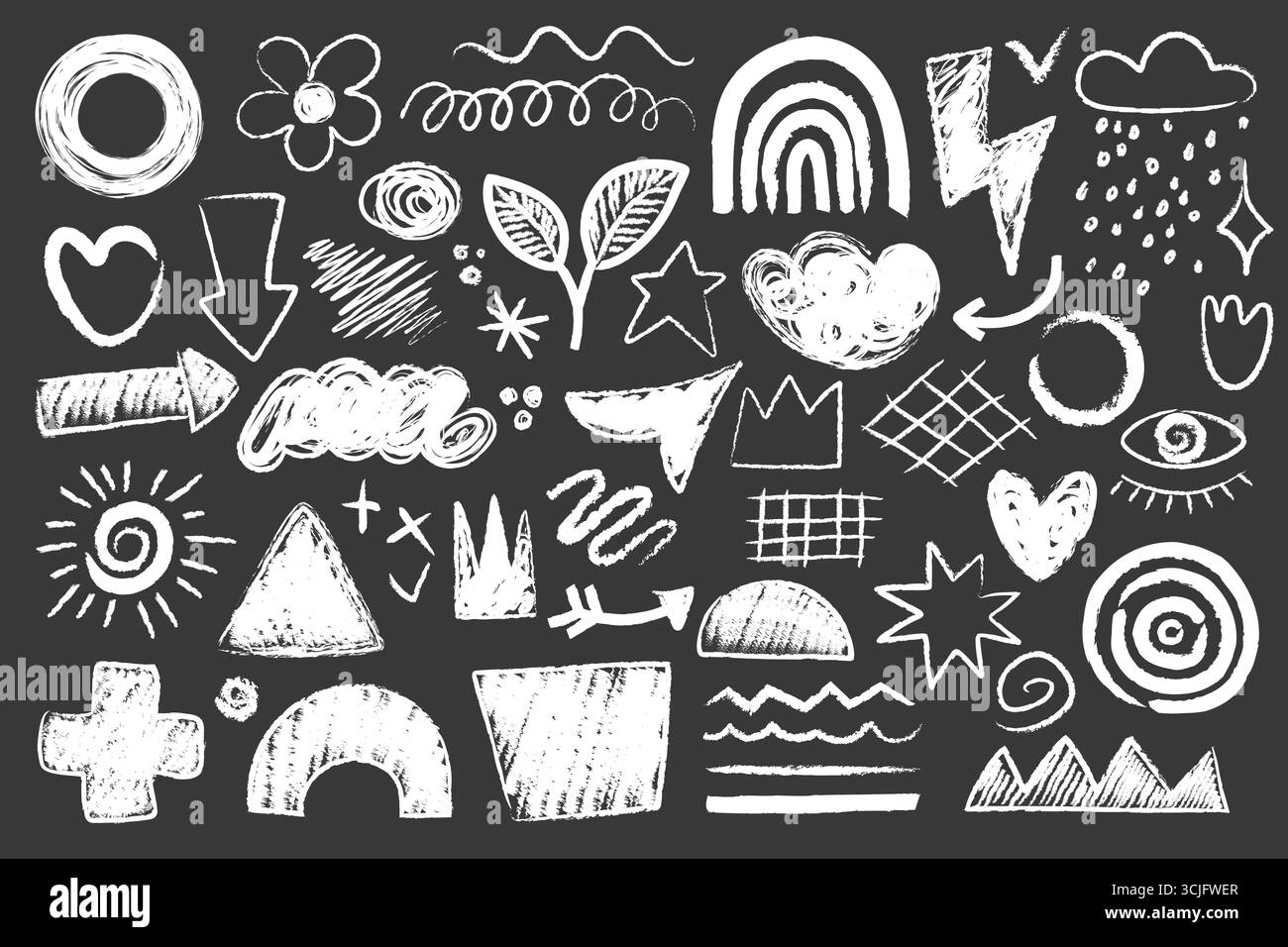 Un ensemble créatif de griffonnages de style craie blanche avec des formes abstraites, des flèches, des éléments météorologiques et des textures sur fond noir. Parfait pour la conception ludique et artistique, illustration vectorielle. Illustration de Vecteur