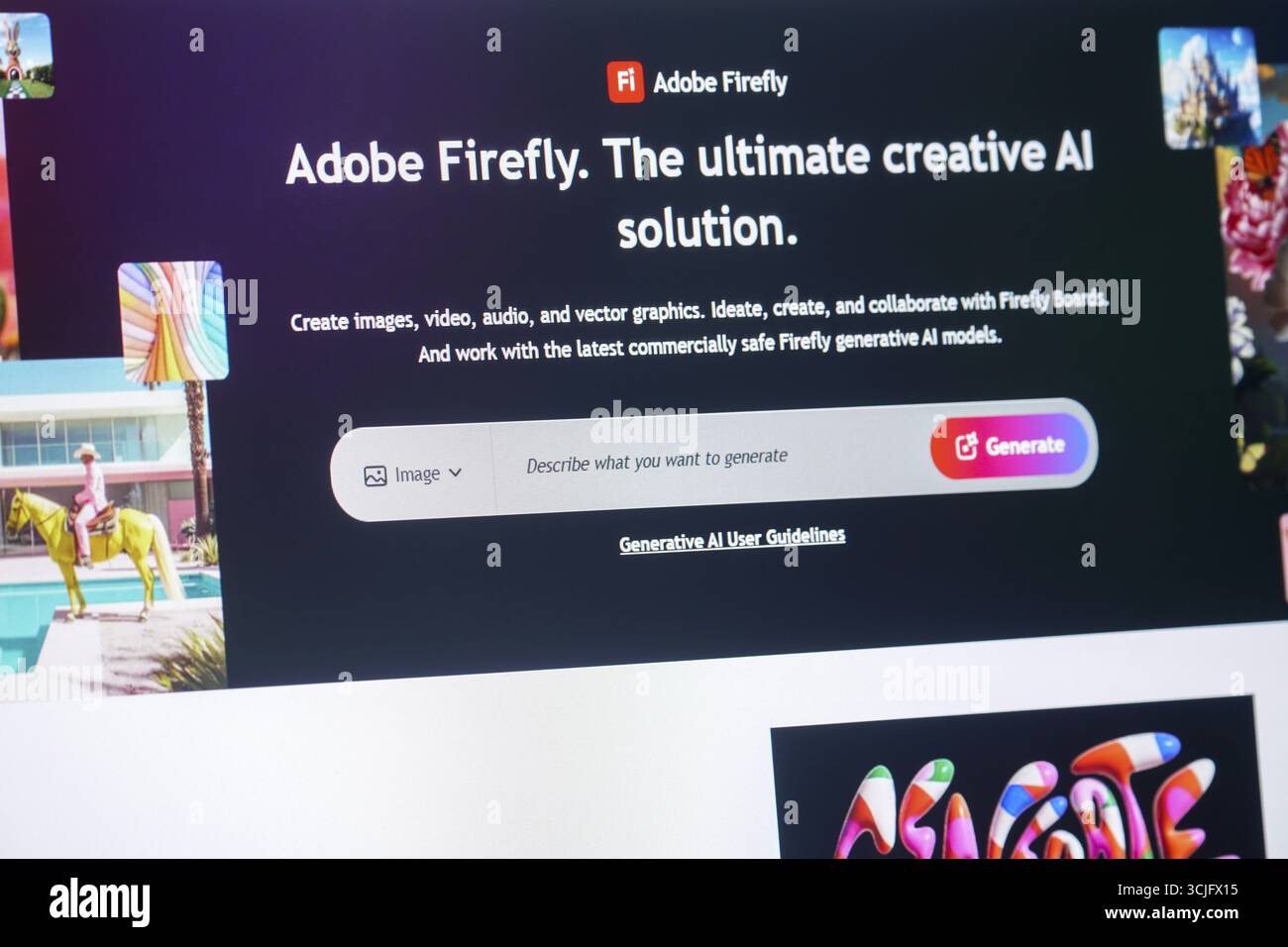 Page Web Adobe Firefly présentant des outils et des solutions d'IA créatives avec des graphismes éclatants Banque D'Images