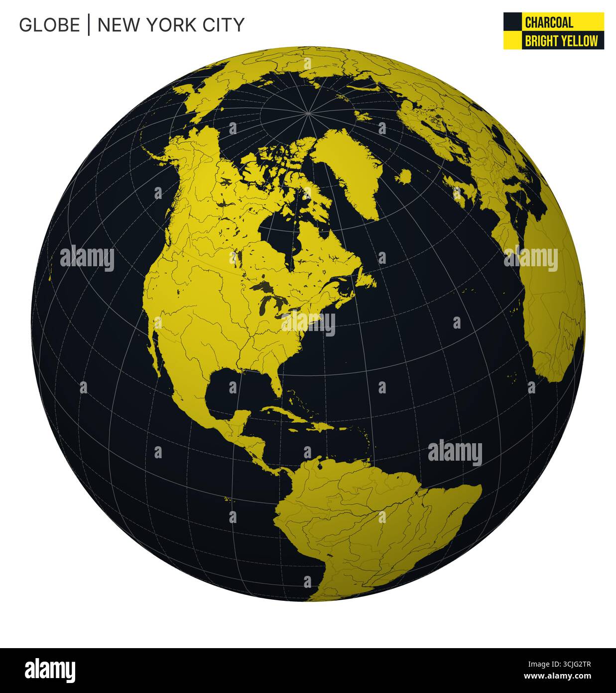 Vecteur Globe centré sur New York. Palette de jaune vif charbon. Carte du monde avec méridiens, parallèles, pays, rivières et lacs. Illustration de Vecteur