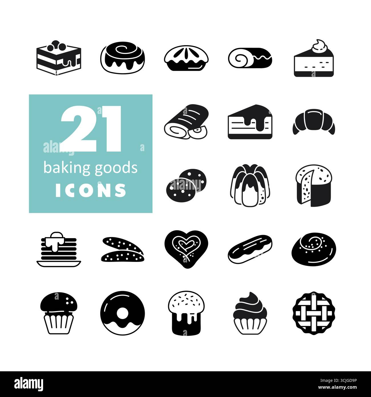 Un simple ensemble de 21 icônes de glyphe présentant des produits de boulangerie comme des gâteaux, des pâtisseries, des biscuits et divers pains. Cette collection est parfaite pour les menus, la nourriture blo Illustration de Vecteur