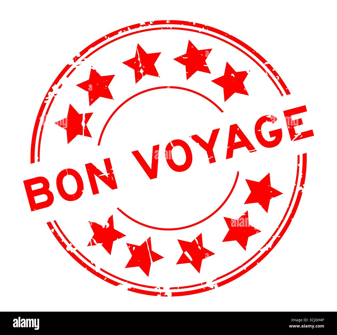 Grunge mot rouge bon voyage avec l'icône étoile tampon de joint en caoutchouc rond sur fond blanc Illustration de Vecteur