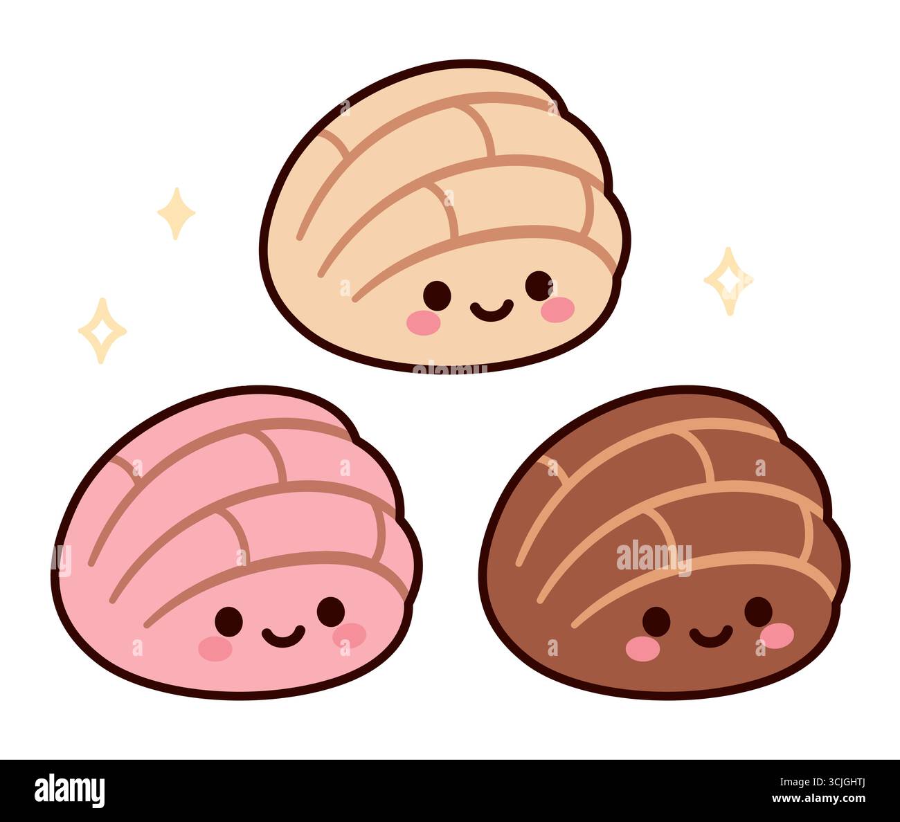 Concha, pain sucré mexicain traditionnel (pan dulce). Visage Kawaii, arômes chocolat, fraise et vanille. Illustration vectorielle de dessin animé simple. Illustration de Vecteur